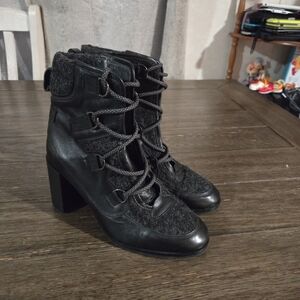 Vintage Napoleoni Italy Black Leather Wool Combat Boots Lace Up  Size 37